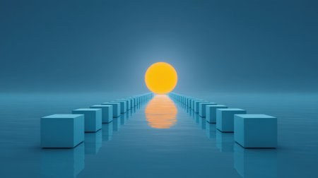 This digital artwork features a serene landscape with geometric cubes leading toward a bright sun over calm water, creating a tranquil and meditative atmosphere.の素材