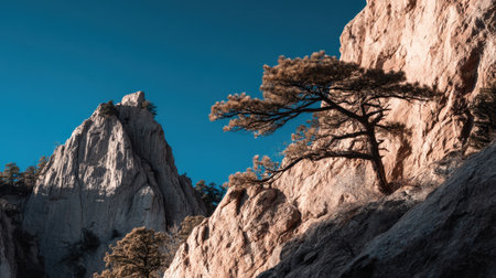 Explore stunning rocky mountain landscapes featuring unique tree formations against a clear blue sky, highlighting nature's breathtaking beauty and serenity.の素材