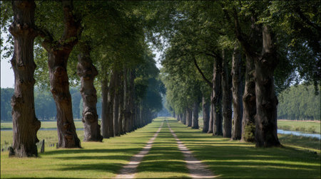 Discover a beautiful tree-lined pathway that invites leisurely strolls amidst lush greenery, offering a perfect escape into nature and tranquility.の素材