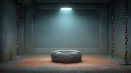A solitary tire rests on a textured floor in a dimly lit industrial setting, illuminated by a spotlight while chains hang in the background, creating a moody atmosphere.の素材