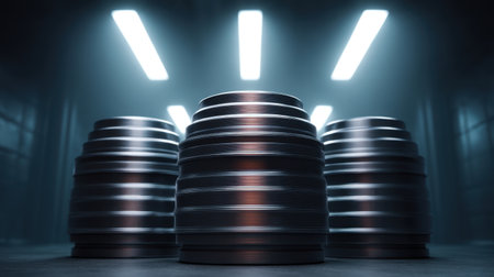 A captivating arrangement of stacked metal discs, bathed in dramatic industrial lighting that enhances the depth and texture of the scene, perfect for design inspirations.の素材