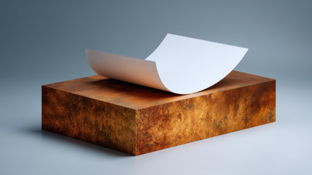 This image showcases a minimalist arrangement of a curved white paper sheet resting on a textured brown and orange surface, highlighting modern artistic elements and simplicity.の素材