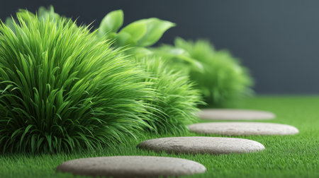 Explore a serene outdoor setting featuring lush greenery, a tranquil stone pathway, and vibrant foliage, perfect for evoking a sense of calm and relaxation.の素材