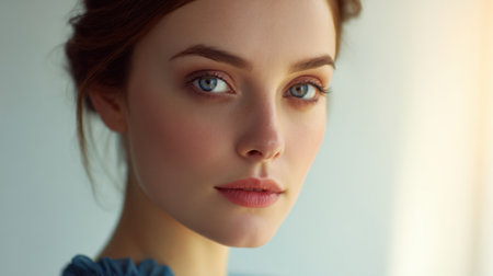 This stunning portrait captures an elegant woman with captivating blue eyes, soft features, and a serene expression, bathed in warm natural light, creating a tranquil atmosphere.の素材