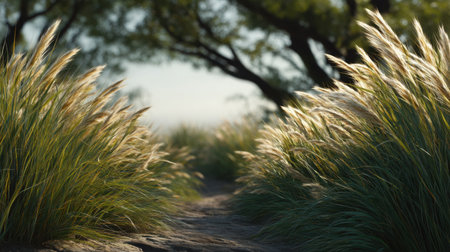 A tranquil pathway flanked by lush grass, illuminated by soft sunlight creates a peaceful atmosphere, inviting exploration and connection with natureの素材