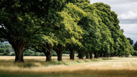 A picturesque line of trees provides a stunning backdrop to an open field, showcasing vibrant greenery and a peaceful ambiance under a dynamic sky.の素材