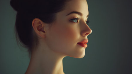 A captivating side profile of a young woman showcasing natural beauty and elegance. The soft lighting accentuates her graceful features and serene expression.の素材