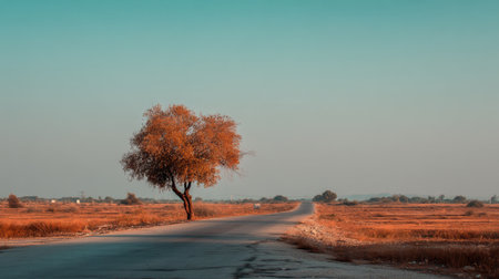 A mesmerizing scene featuring a solitary tree by an empty road, showcasing the beauty of autumn colors and a clear blue sky, inviting reflection and exploration.の素材