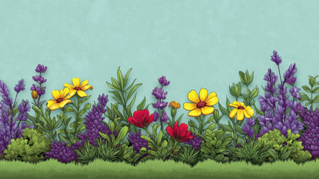 This image showcases a vibrant floral background featuring various colorful wildflowers and lush greenery, creating a soothing and cheerful atmosphere perfect for nature-inspired designs.の素材