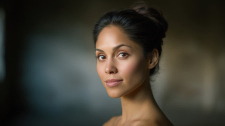 A stunning portrait of a confident woman with a graceful expression. Soft lighting enhances her natural beauty, making it perfect for wellness and lifestyle themes.の素材