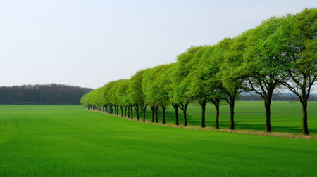This image showcases a peaceful landscape featuring a row of lush green trees against a vibrant grass field and a clear sky, embodying tranquility and natural beauty.の素材