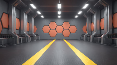A wide and modern fitness studio equipped with hexagon wall patterns and vibrant yellow lines, perfect for workouts and promoting an active lifestyle.の素材