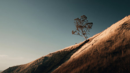 A stunning view of a solitary tree on a gently sloping hill, surrounded by dry grass under a clear sky. Ideal for showcasing the beauty of nature and tranquility.の素材