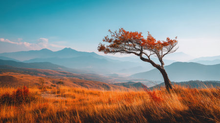 A tranquil landscape featuring a lone tree on a hillside, surrounded by golden grass and majestic mountains under a clear blue sky, evoking peaceful autumn vibes.の素材