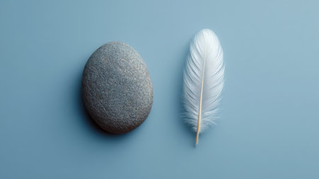 A serene still life image featuring a smooth gray stone and a delicate white feather set against a calm blue background, emphasizing tranquility and simplicity.の素材