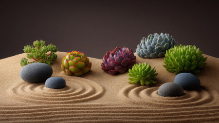 An artistic composition featuring vibrant succulents on a smooth sand surface adorned with stones, evoking tranquility and harmony in nature-inspired decor.の素材