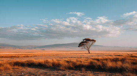 A stunning landscape featuring a solitary tree standing amidst golden grasslands under a blue sky with soft clouds, evoking a sense of peace and solitude.の素材