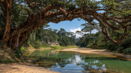 Serene river scene featuring lush vegetation and a large tree arching over tranquil waters, perfect for nature lovers seeking peace and scenic beauty in a natural environment.の素材