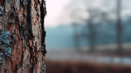 Close-up view of tree bark showcasing intricate textures and patterns, with a softly blurred background creating a serene atmosphere perfect for nature-themed projects.の素材