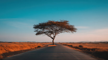 A solitary tree stands majestically on an empty road, framed by golden fields and a vibrant blue sky, capturing a moment of peace and tranquility in nature.の素材