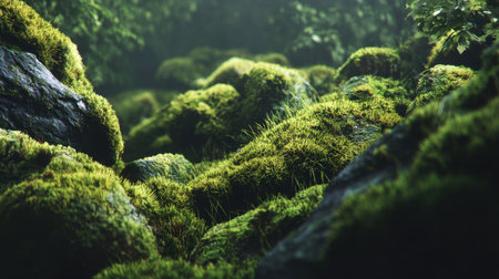 Discover a breathtaking scene of lush green moss covering rocks in a serene forest, showcasing the beauty and tranquility of nature's untouched landscapes.の素材