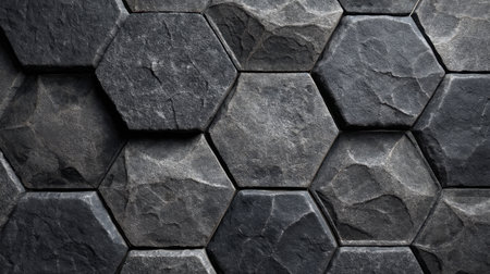 Discover a captivating hexagonal pattern of dark stone tiles, perfect for enhancing modern interiors or architectural projects with a stylish and natural touch.の素材