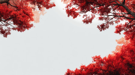 Stunning autumn scene featuring vibrant red foliage that beautifully frames a soft gray background, ideal for seasonal designs and nature-inspired projects.の素材