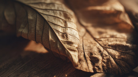 This captivating close-up image showcases a brown leaf resting on a wooden surface, featuring intricate textures illuminated by soft natural light. Perfect for nature themes.の素材