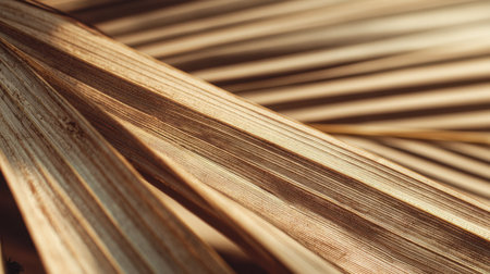 Explore the intricate textures and warm tones of a palm leaf close-up, ideal for nature-themed designs and organic inspirations with earthy aesthetics.の素材