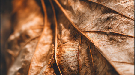 Close-up view of dry leaves showcasing intricate details and earthy tones. This image captures the beauty found in nature's textures and autumn colors.の素材