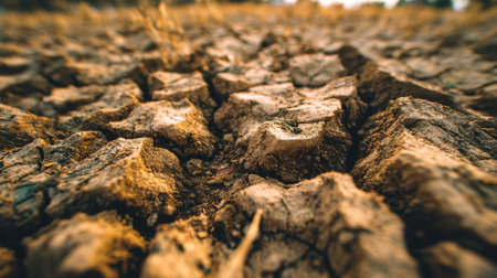 A close-up view of dry and cracked soil illustrates the impact of drought and environmental concerns. This powerful image emphasizes the urgent need for sustainable land management.の素材