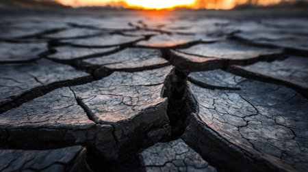 A stunning close-up view of dry cracked earth, revealing intricate patterns under the warm glow of a sunset. This image highlights environmental issues and drought effects.の素材