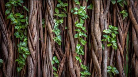 A close-up view of twisting vines with vibrant green leaves showcasing a rich texture, perfect for design inspiration, backgrounds, and organic themes in various settings.の素材
