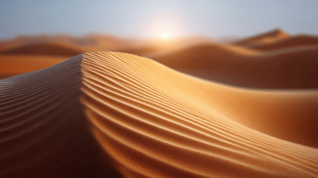 This image depicts an expansive desert landscape featuring soft, flowing sand dunes illuminated by the warm glow of a gentle sunrise, evoking peace and tranquility.の素材