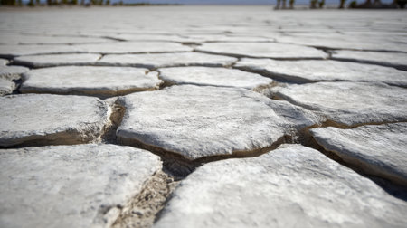 Close-up view of dry cracked earth, showcasing unique textures and patterns in a vast barren landscape. The subtle geological formations create an intriguing visual.の素材