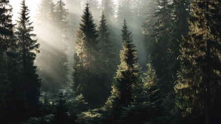Experience the serene beauty of a sunlit forest where beams of light pierce through the evergreen trees, creating a tranquil atmosphere perfect for nature lovers.の素材