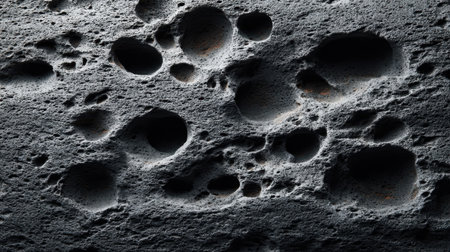 This image captures a detailed close-up of a textured gray surface with irregular holes and pits, resembling an alien landscape or abstract art, perfect for creative projects.の素材