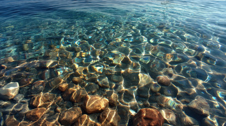Experience the essence of nature with this stunning image of clear water over smooth pebbles, glistening under sunlight, embodying tranquility and beauty.の素材