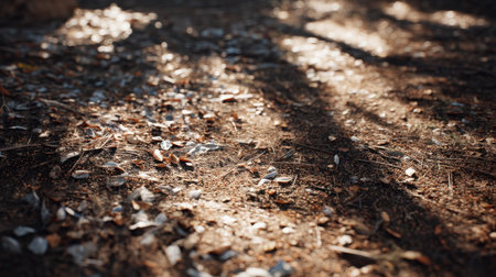 Close-up view of a textured ground featuring fallen leaves and small pebbles illuminated by soft sunlight, creating a serene and natural outdoor atmosphere.の素材
