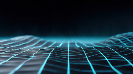 This image features a captivating digital landscape with glowing grid lines and abstract waves, set against a black background, ideal for technology and science themes.の素材