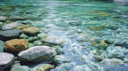 This image showcases clear blue water flowing over smooth stones, creating a tranquil and serene natural scene perfect for relaxation and outdoor adventures.の素材