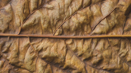 This close-up photograph captures the intricate details of a dry leaf, highlighting the warm earthy tones and unique textures found in nature.の素材