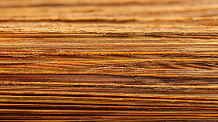 This close-up image captures the intricate layers of textured wood, showcasing warm tones of brown, orange, and yellow. The natural aesthetic reflects a soothing ambiance.の素材