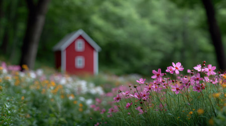 A captivating scene featuring blooming pink flowers in the foreground and a quaint red cottage nestled amidst lush greenery, ideal for nature lovers and serene landscapes.の素材