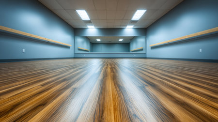 Bright and spacious studio interior featuring polished wooden flooring and large mirrors, ideal for dance, fitness, yoga, or creative activities in a welcoming setting.の素材
