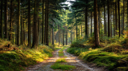 A tranquil forest scene showcasing a picturesque pathway surrounded by tall trees, soft sunlight, and vibrant greenery, perfect for nature lovers and outdoor explorers.の素材