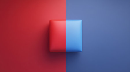 A striking geometric cube sits centrally, split between vivid red and blue backgrounds. This artwork embodies modern design principles of contrast and balance.の素材