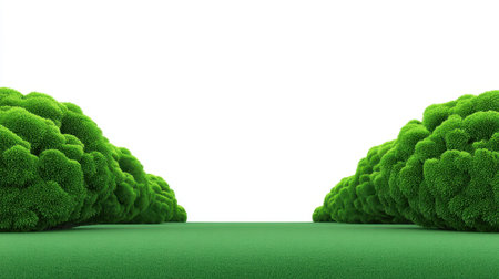 This striking image showcases a pair of lush green bushes framing an expansive bright scene, perfect for conveying a sense of peace and natural beauty.の素材