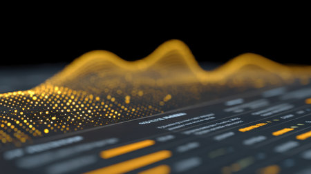 This abstract image features a dynamic flow of glowing dots and wave patterns, symbolizing technology and innovation in digital data visualization and interfaces.の素材