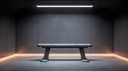 A minimalistic studio space featuring a sleek bench illuminated by soft ambient lighting, perfect for artistic projects, photography, or showcasing modern design concepts.の素材